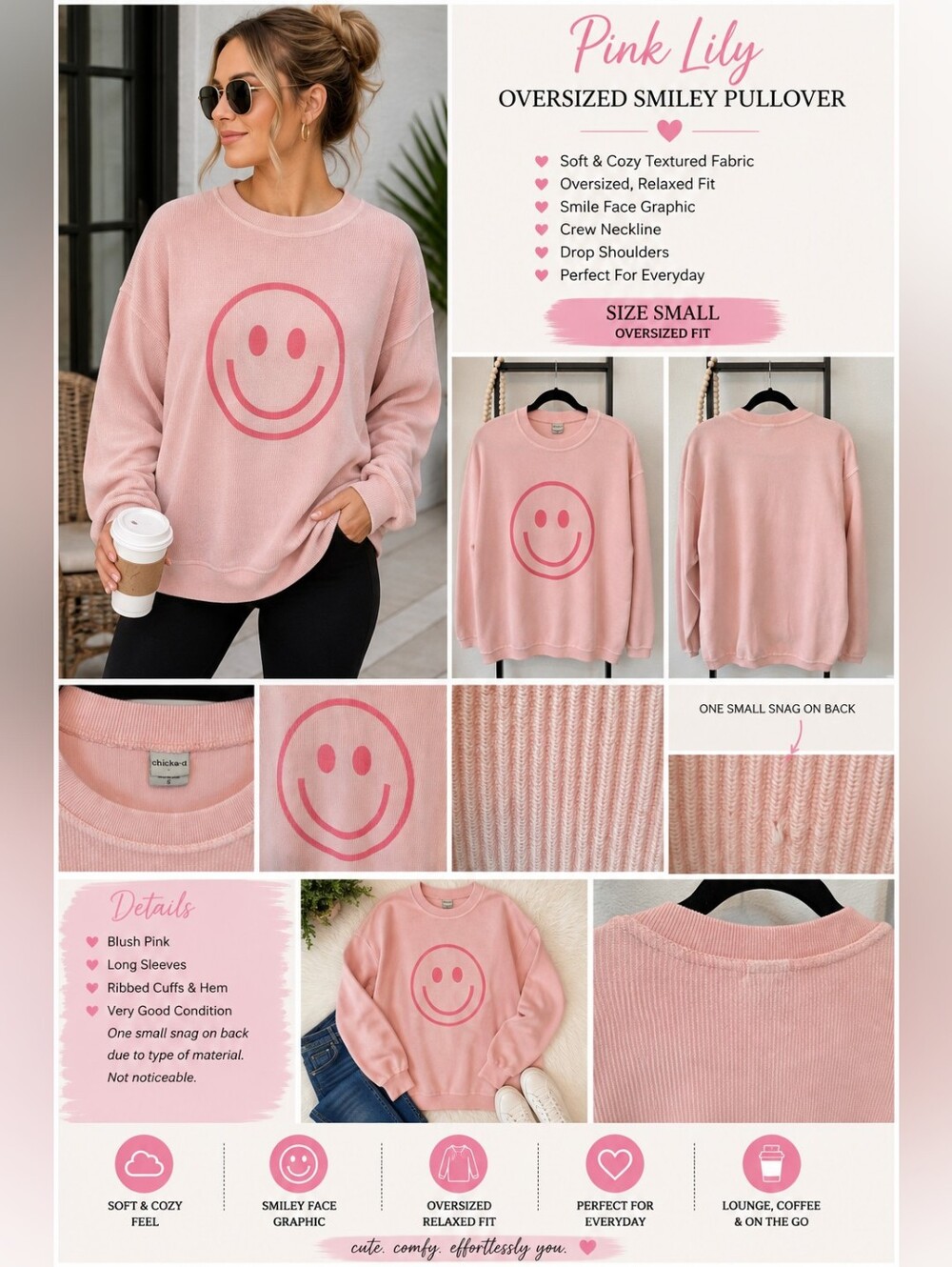 Pink Lily Oversized Pink Smiley Face Pullover – Size Small